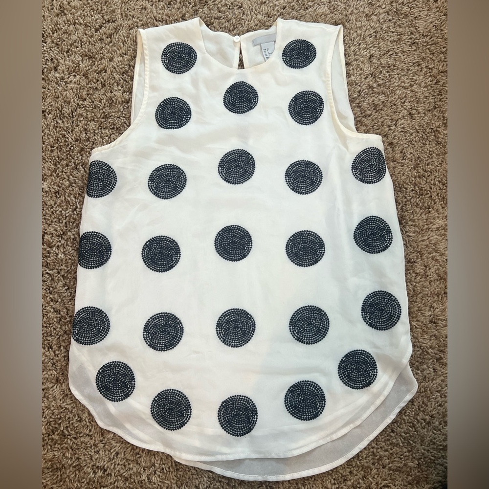 H&M Ivory & Navy Embroidered Polka Dot Sleeveless Blouse
